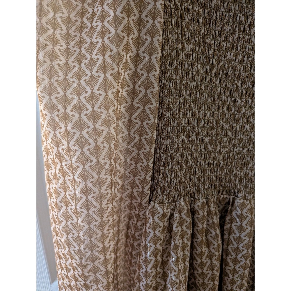 Kourt Tan Calypso Fan Print Smocked Boho Dress Metallic Stripe XL Womens - Picture 3 of 9